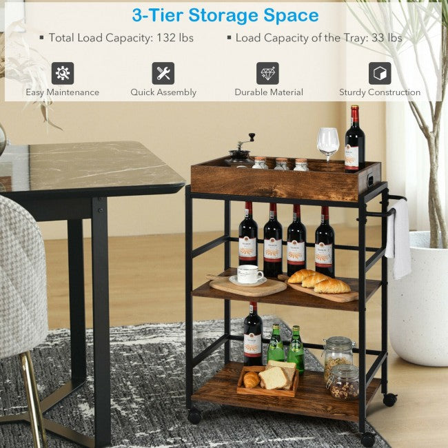 SUGIFT 3-Tier Kitchen Serving Bar Cart with Lockable Casters and Handle Rack for Home Pub