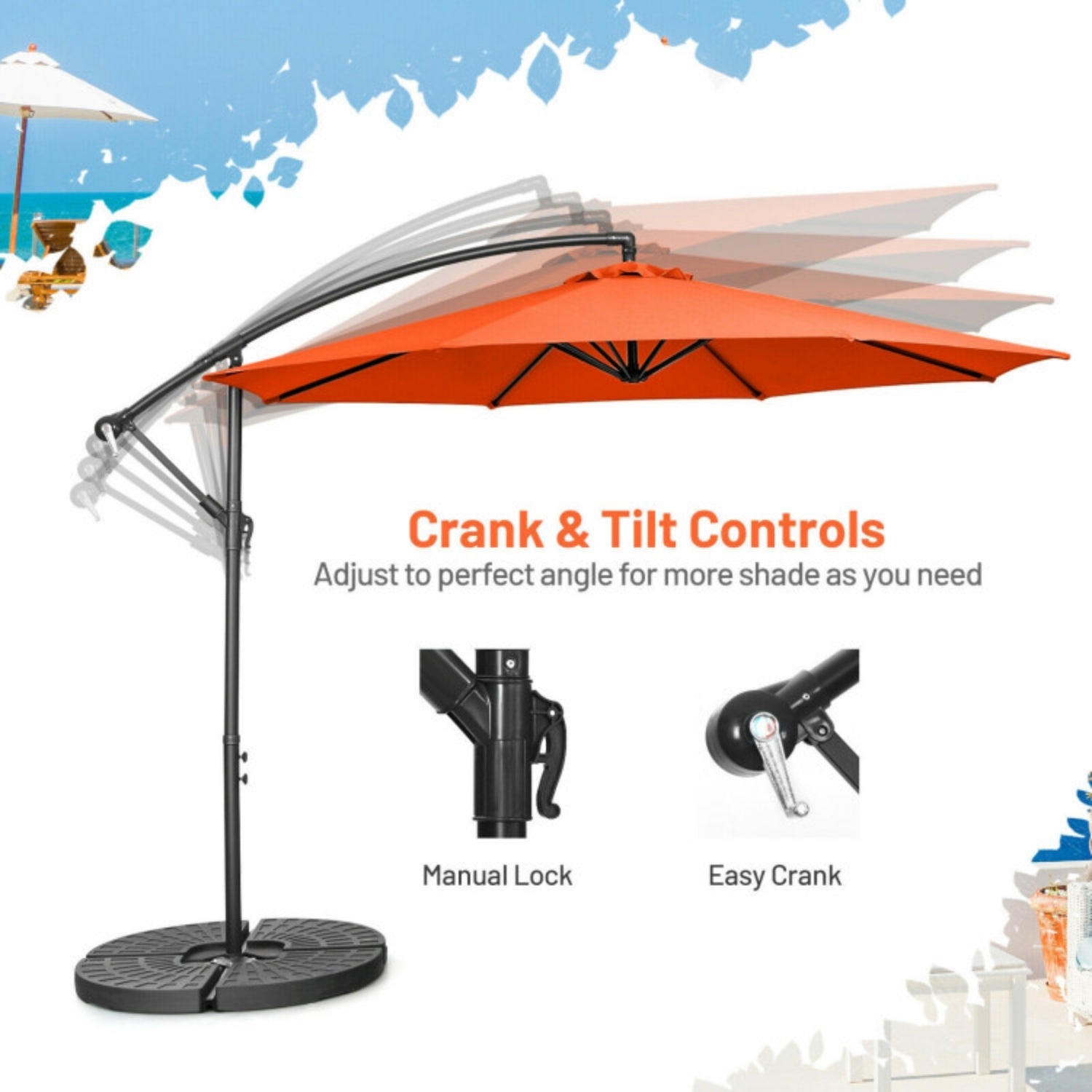 SUGIFT 10 Feet Offset Umbrella with 8 Ribs Cantilever and Cross Base,Orange