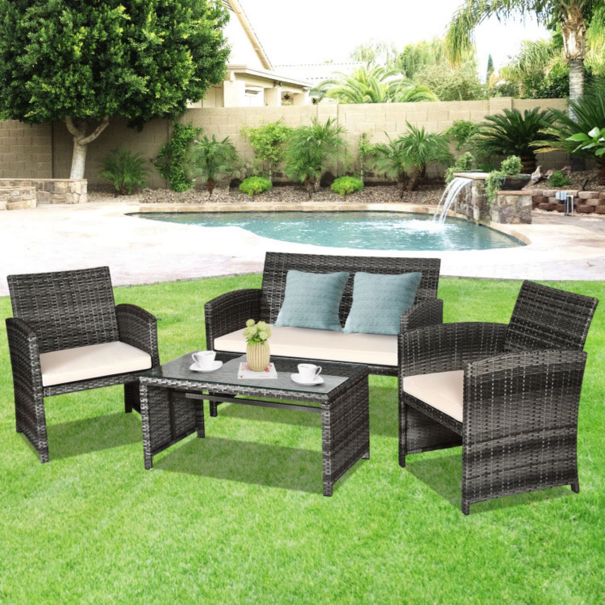 Mixed Grey 4-Piece Wicker Patio Conversation Set with Beige Cushions
