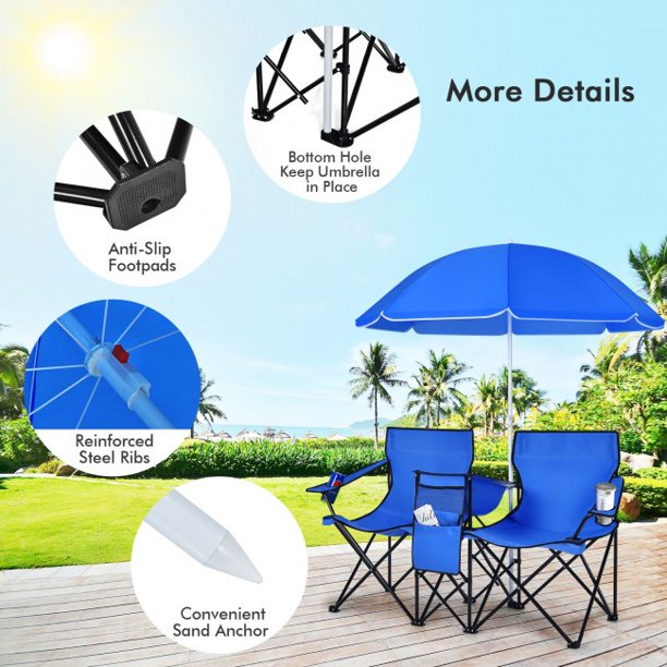 Portable Folding Double Chair With Umbrella Picnic Fishing Camping Beach
