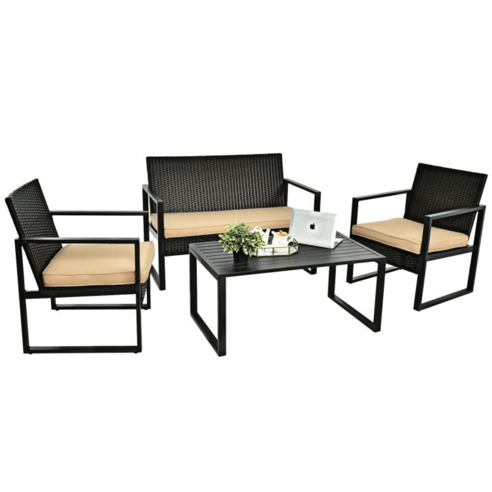 4-Piece Outdoor Patio Rattan Conversation Set with Brown Cushions and Coffee Table