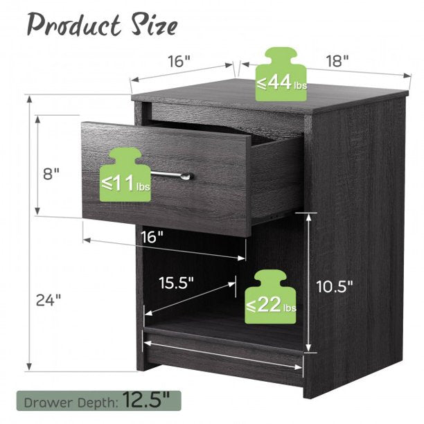 2-Tiers Wooden End Side Table Nightstand with Drawer Storage Shelf Black