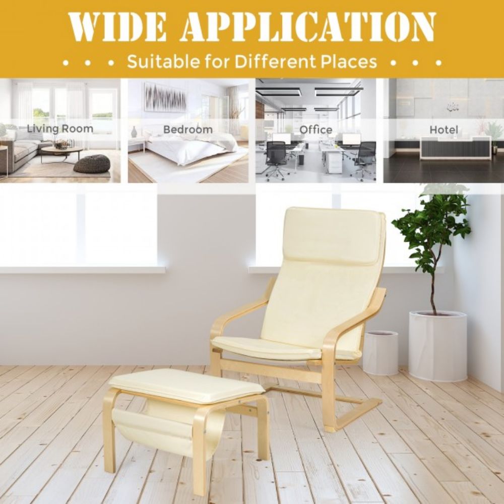 Wooden Outdoor Lounge Chair and Ottoman with White Cushion
