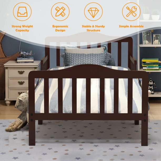 SUGIFT Wooden Toddler Bed, Classic Design Wood Bed Frame, Two Side Safety Guardrails & Wooden Slat Support for Kids Boys & Girls,Brown