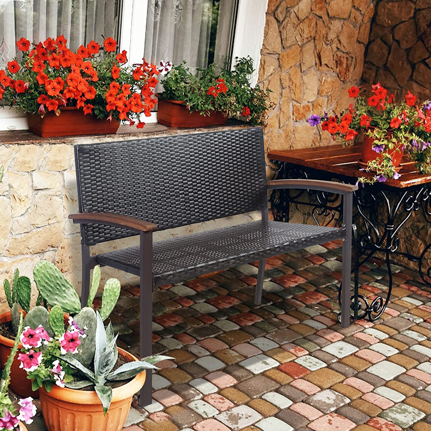 45 in. Outdoor Patio Rattan Wicker Bench with Acacia Armrest
