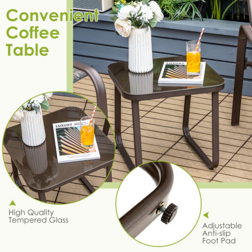 Brown 3-Pieces Metal Stackable Outdoor Patio Bistro Conversation Set with Adjustable Backrest