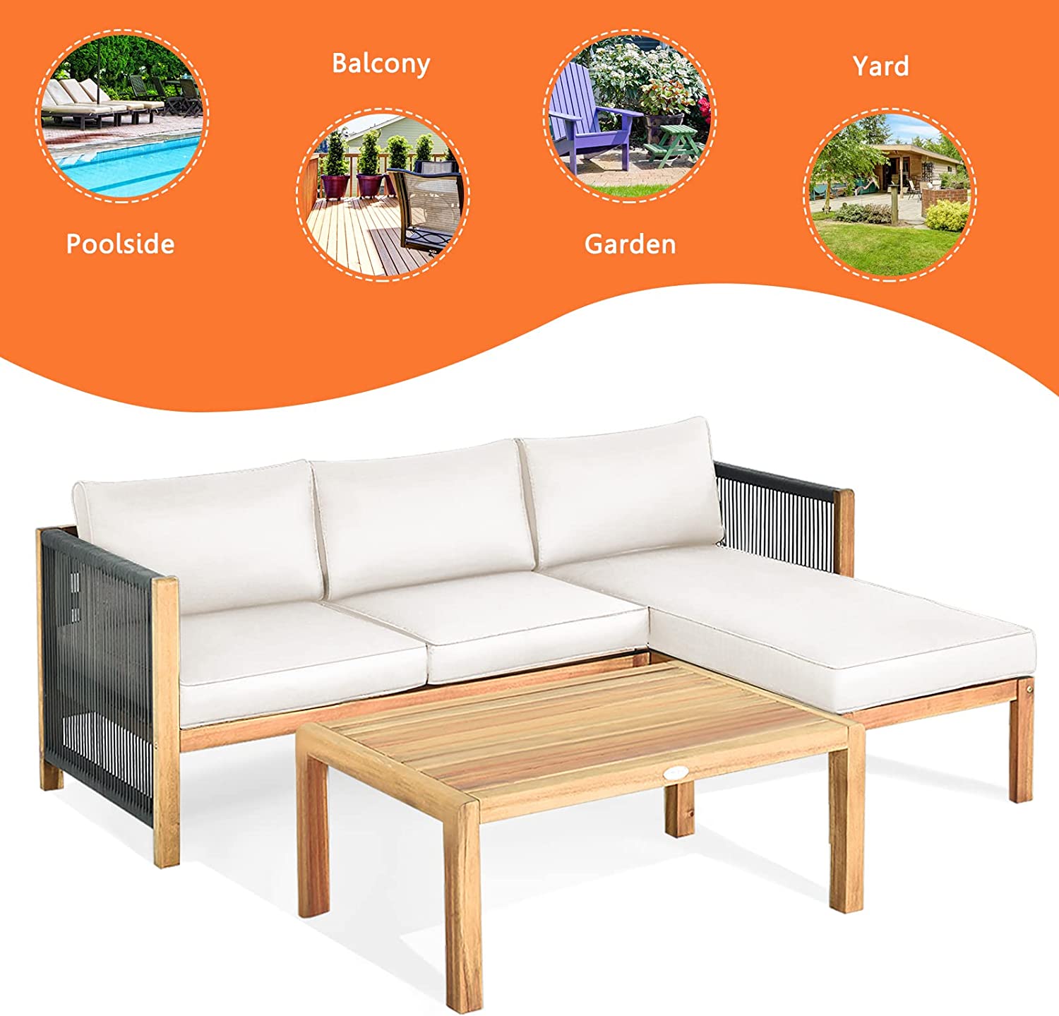 3-Piece Acacia Wood Patio Conversation Set Sofa with White Cushions