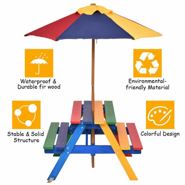 Kids Picnic Table with Umbrella 4 Seat Table Chair Set