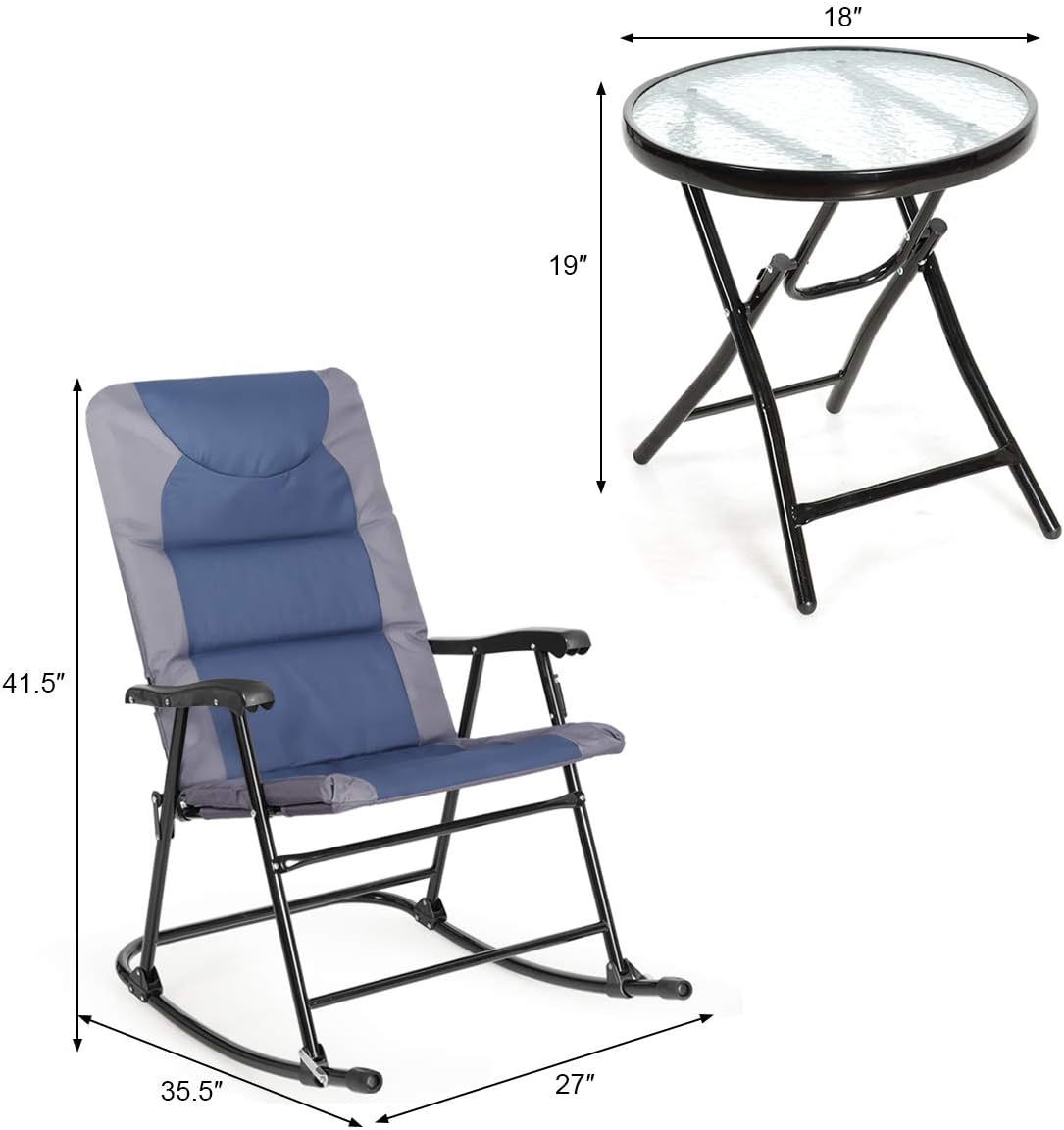 3-Piece Outdoor Folding Rocking Chair Conversation Set with Blue and Grey Cushion