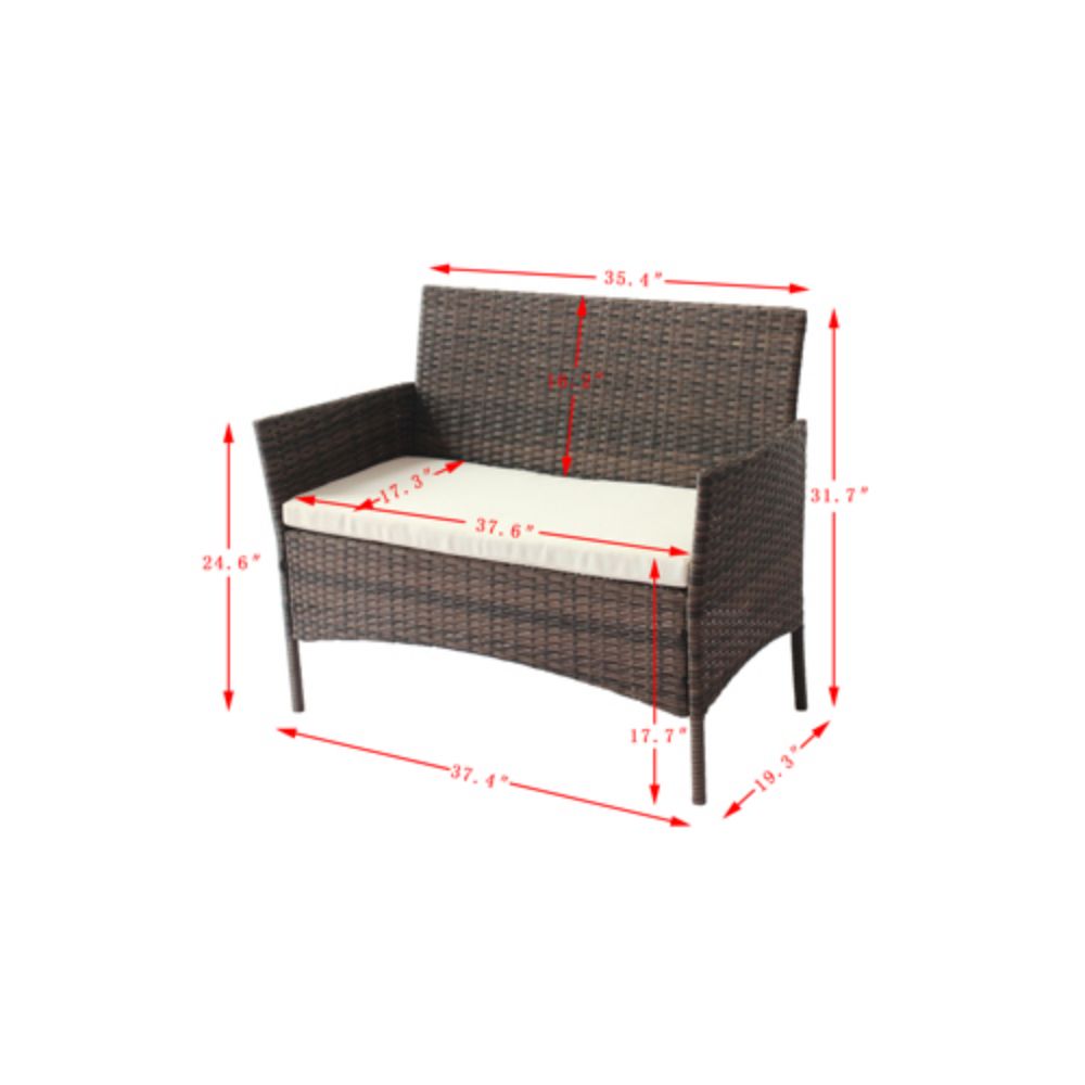 4-Piece Rattan Outdoor Conversation Seating Set with White Cushions and Patio Tempered Glass Table