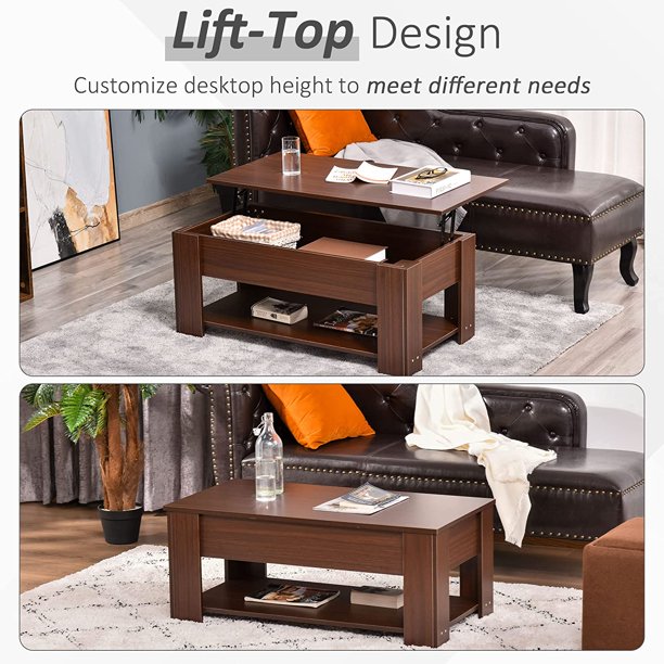 Lift Top Coffee Table with Hidden Storage Compartment and Open Shelf, Pop Up Coffee Table for Living Room, Brown