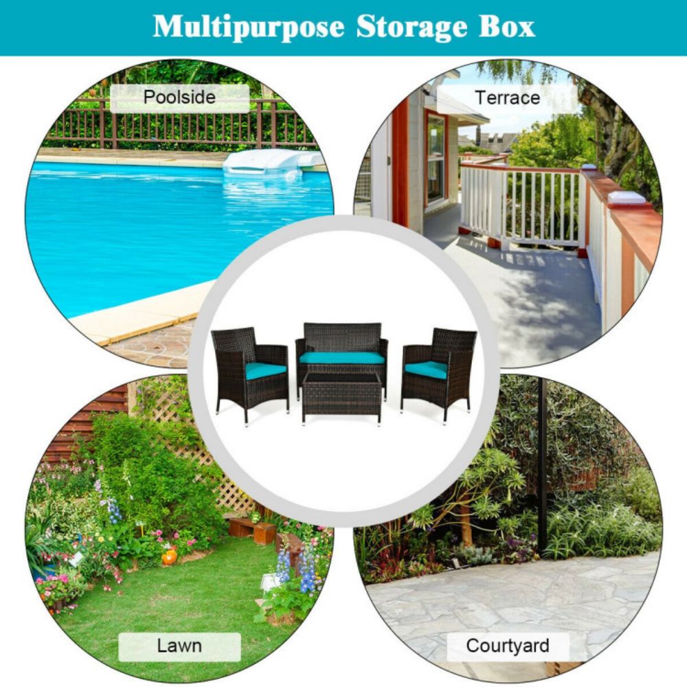 4-Piece Outdoor Wicker Conversation Furniture Set with Turquoise Cushions and Tempered Glass Table