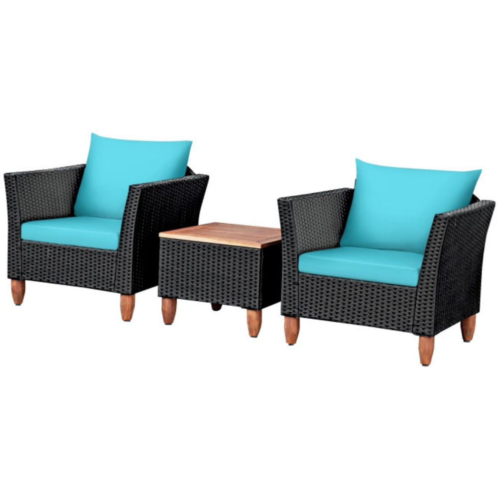 3-Pieces Rattan Outdoor Patio Conversation Set with Turquoise Cushions