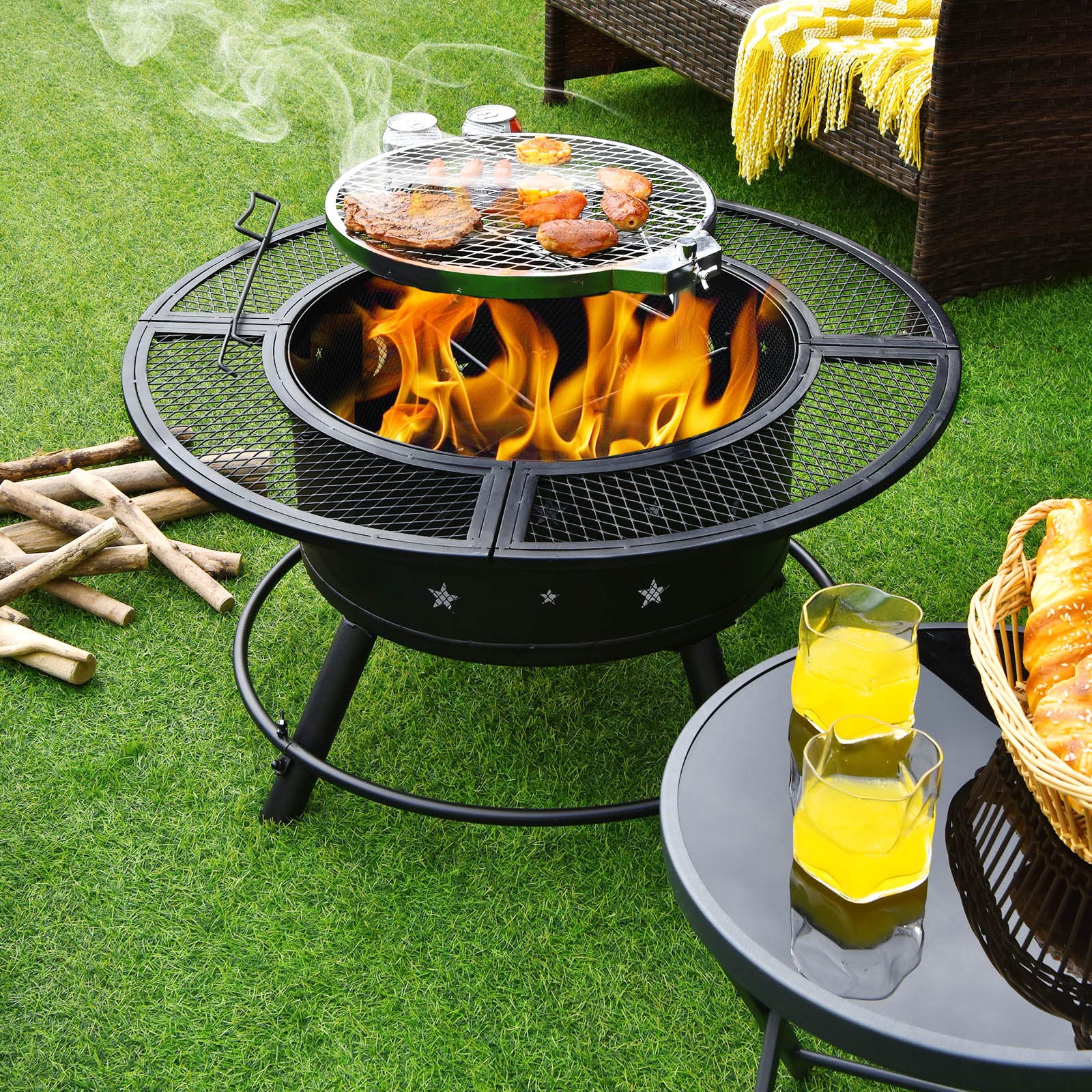 32 in. Metal Outdoor Wood Burning Fire Pit in Black with 360-Degree Swivel BBQ Grate and Poker