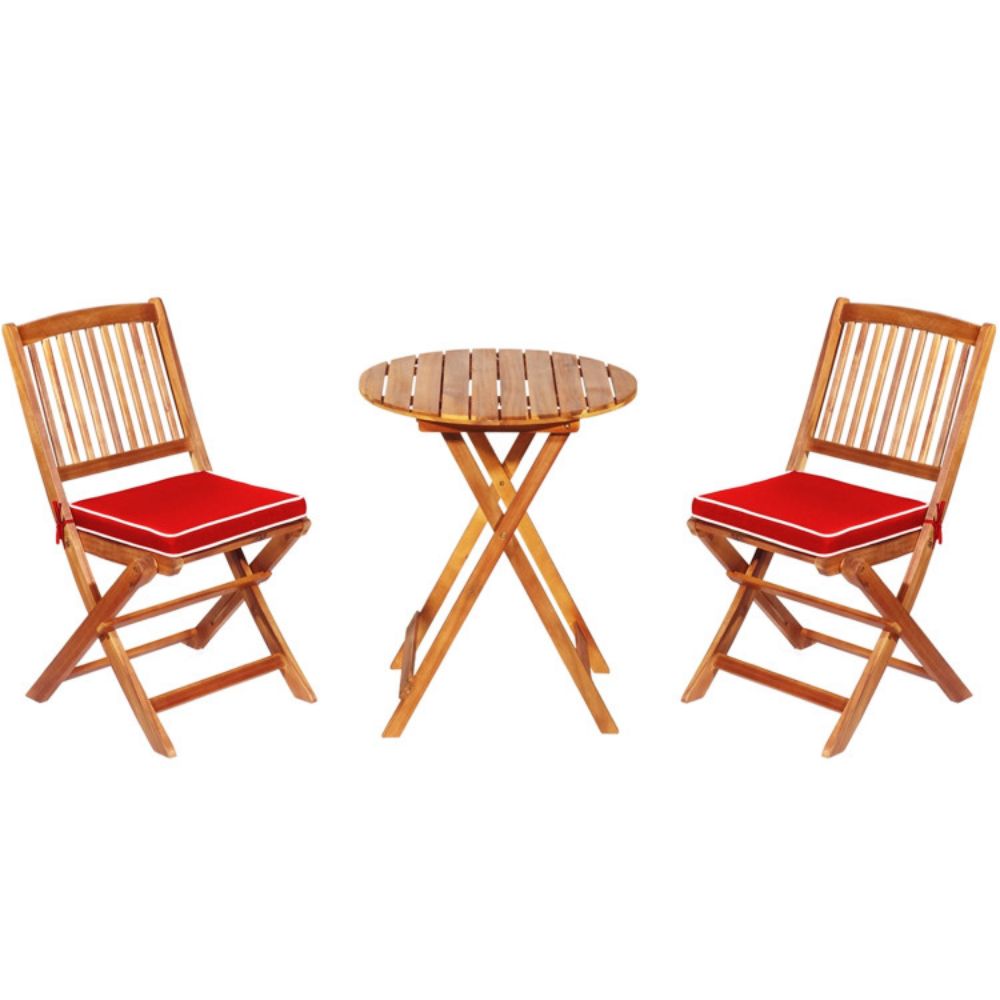 3-Piece Patio Folding Wooden Outdoor Bistro Set with Red Cushions
