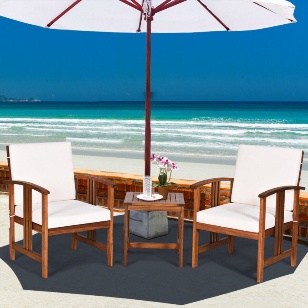 3-Pieces Outdoor Wooden Patio Conversation Furniture Set with White Cushion