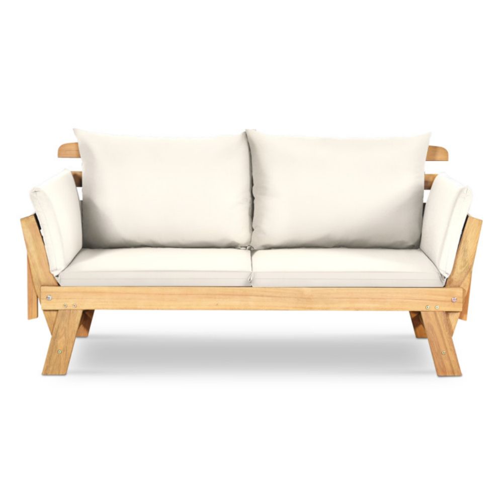 1-Piece Wooden Outdoor Convertible Recliner Sofa with White Cushions
