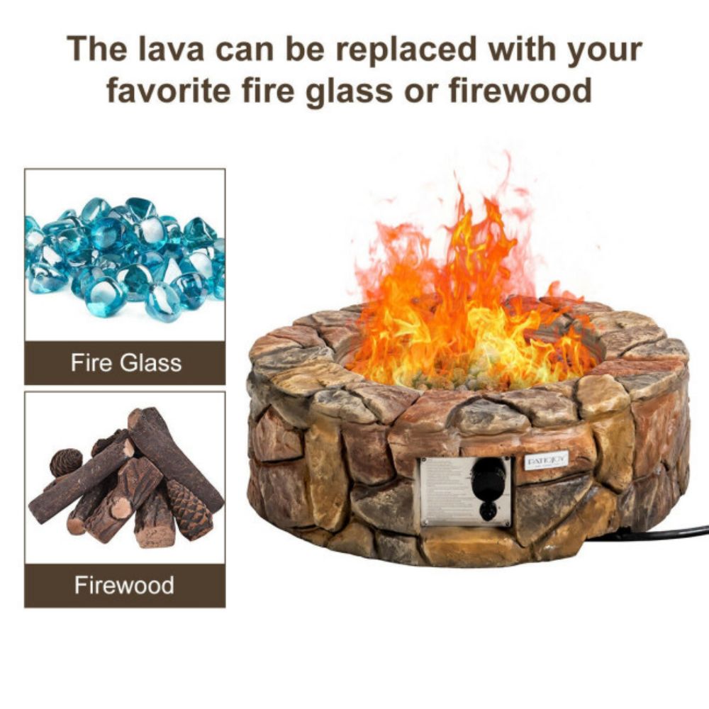 28 in. W X 9.5 in. H Outdoor Round Stone Gas Fire Stove Pit in Brown