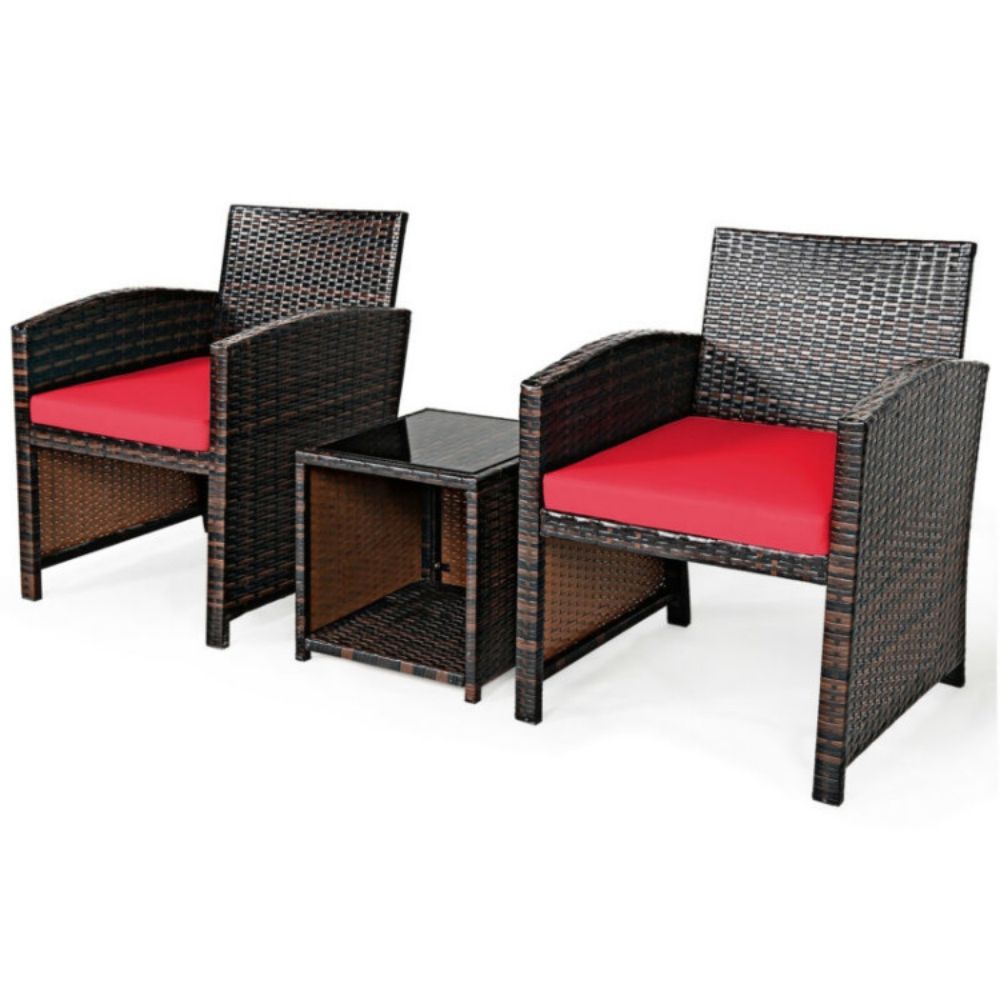 3-Piece Rattan Wicker Patio Conversation Set with Red Cushions