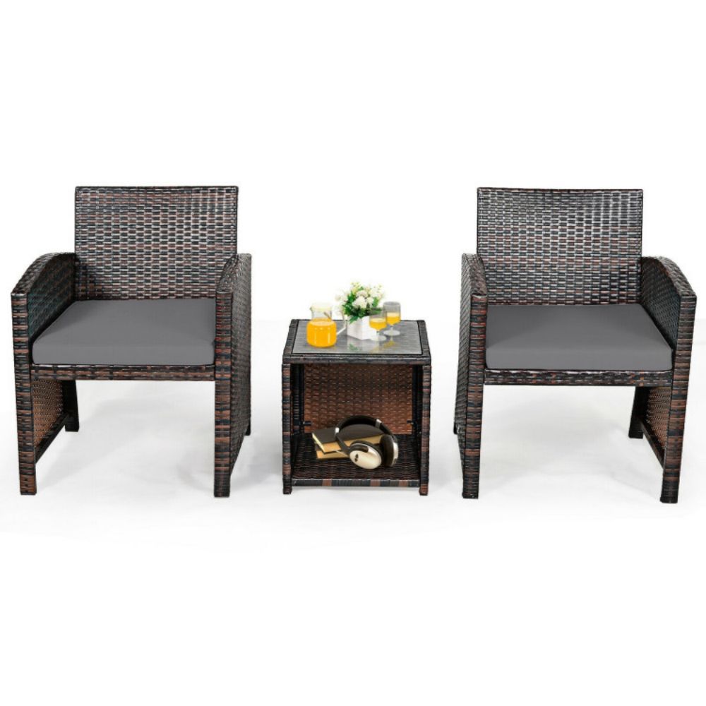3-Piece Rattan Wicker Patio Conversation Set with Gray Cushions