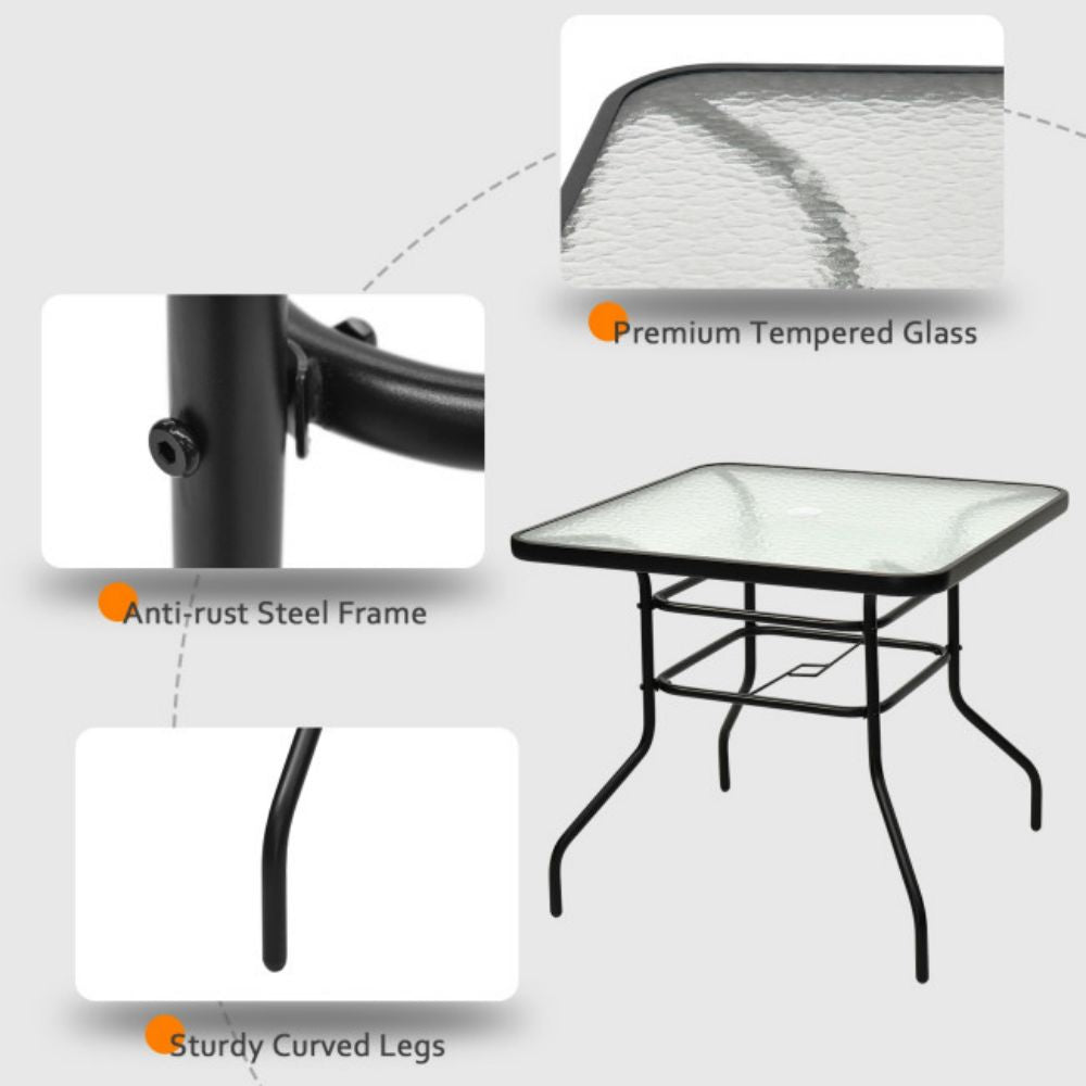 32 in. Patio Metal Square Outdoor Dining Table with Umbrella Hole and Tempered Glass