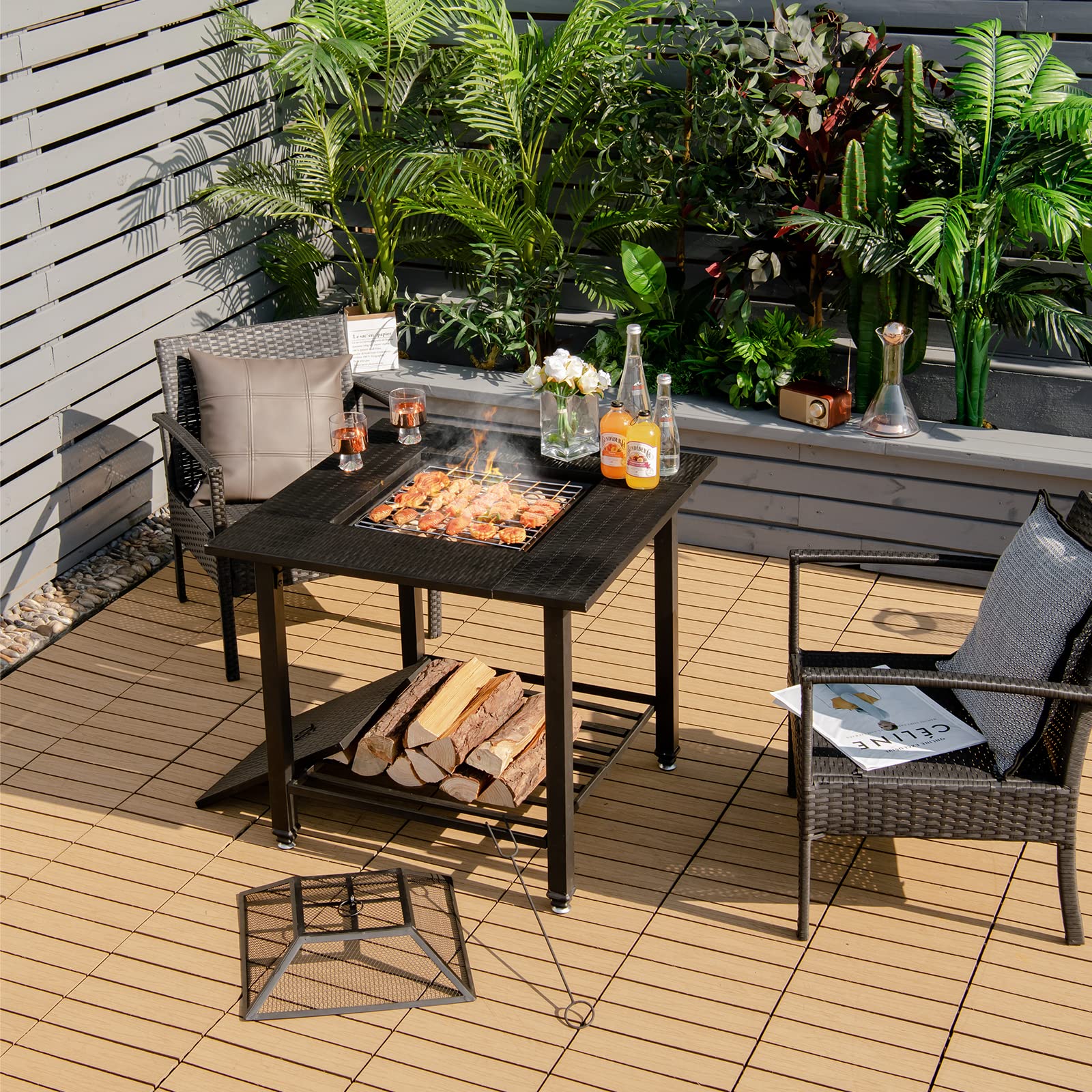 31 in. Metal Square Outdoor Fire Pit in Black with Cooking BBQ Grate