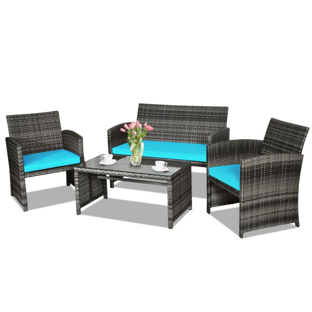 4-Piece Outdoor Wicker Conversation Furniture Set with Turquoise Cushions and Tempered Glass Table