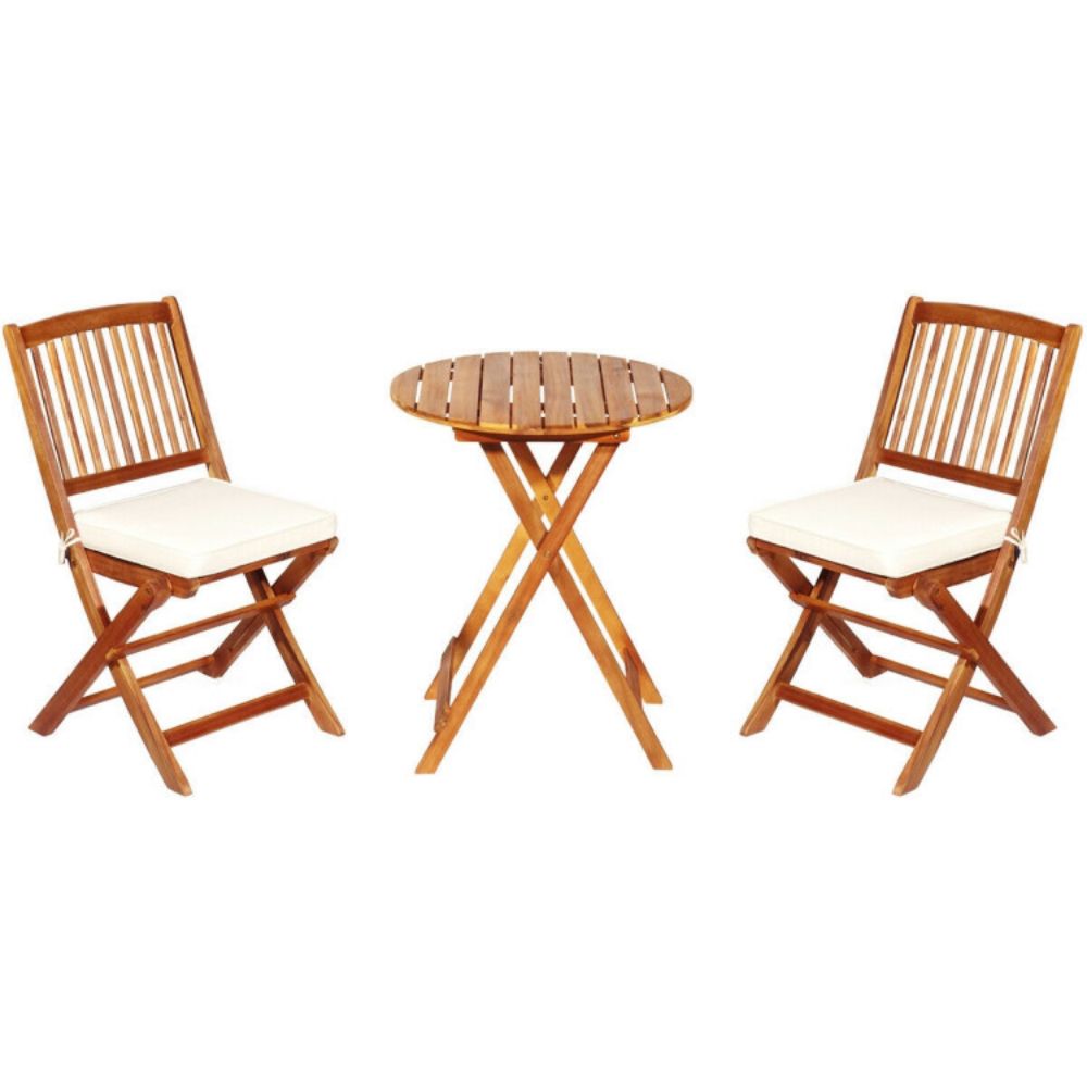 3-Piece Patio Folding Wooden Outdoor Bistro Set with Off White Cushions