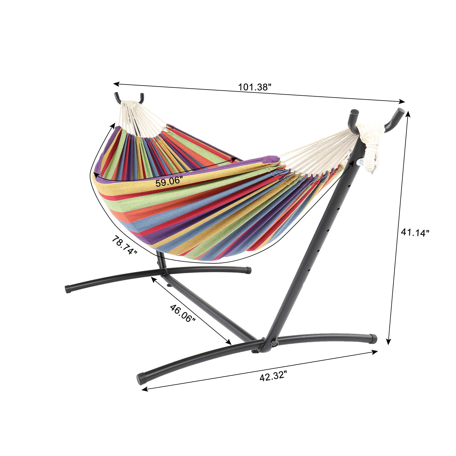 SUGIFT 9 ft Hammock Set, Black Steel Tube Hammock Frame, with 78.7 x 59 inches Polyester-Cotton Small Color Striped Hammock