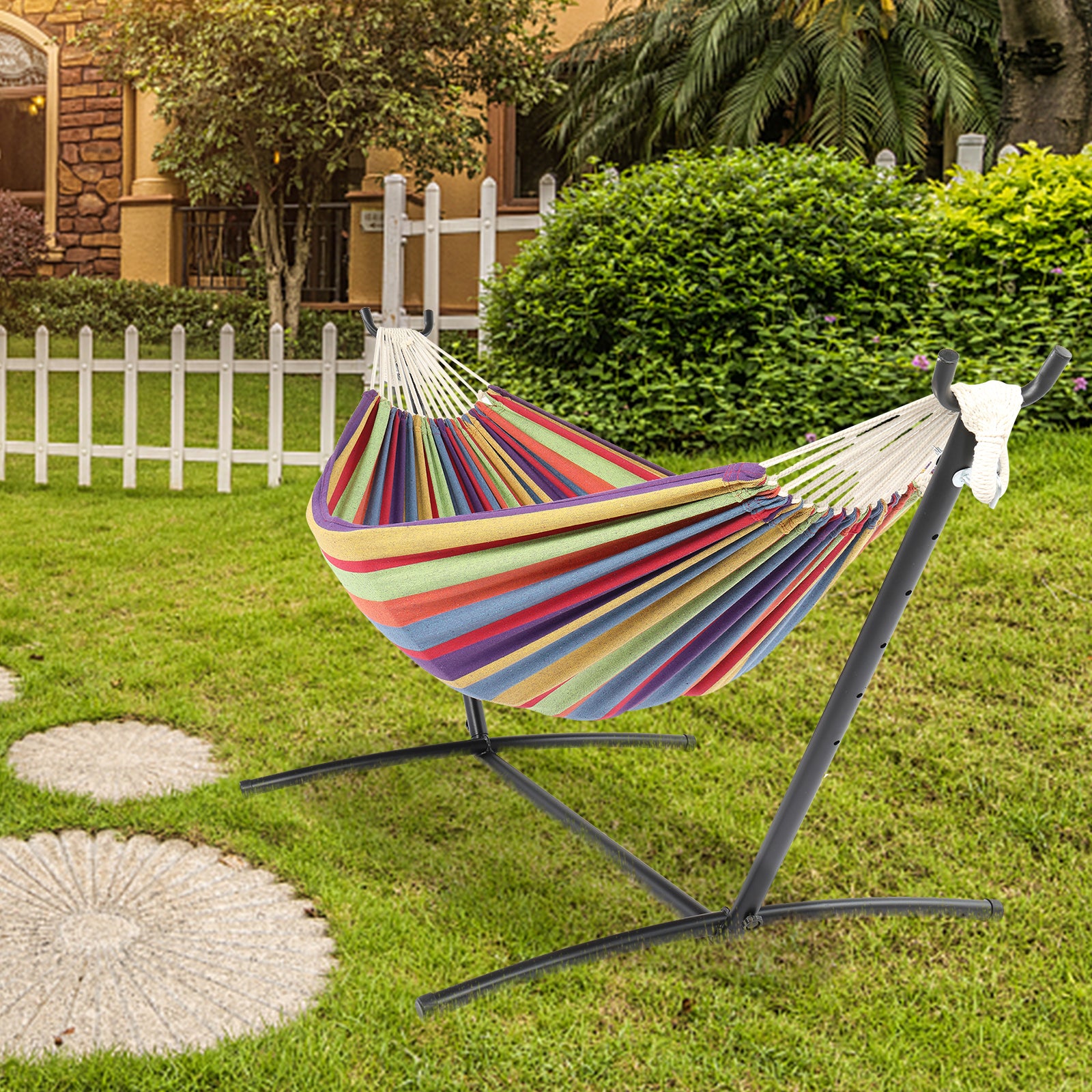 SUGIFT 9 ft Hammock Set, Black Steel Tube Hammock Frame, with 78.7 x 59 inches Polyester-Cotton Small Color Striped Hammock