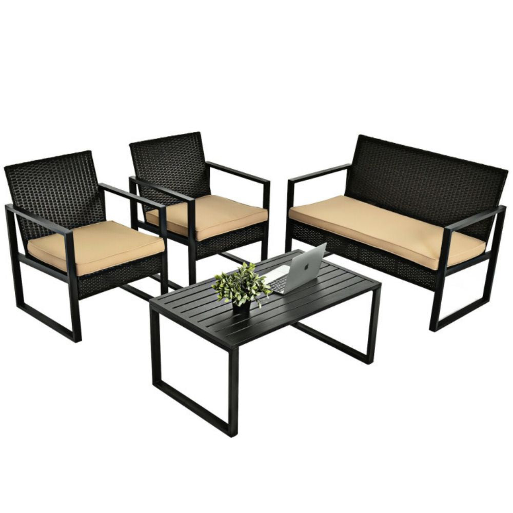 4-Piece Outdoor Patio Rattan Conversation Set with Brown Cushions and Coffee Table