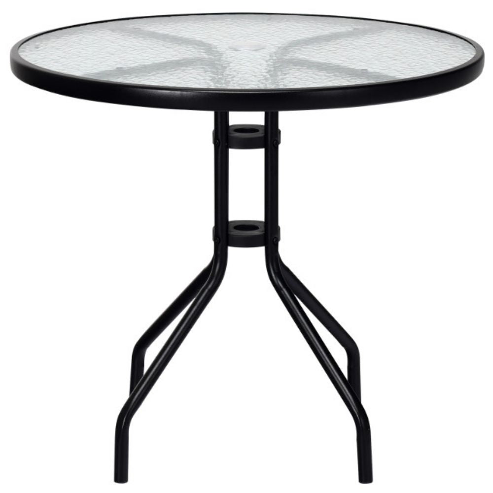 32 in. Patio Metal Round Outdoor Dining Table with Umbrella Hole and Tempered Glass