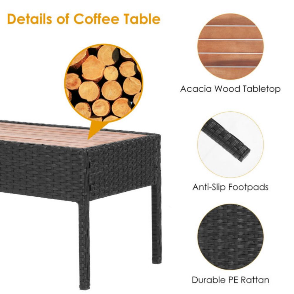 4-Piece Rattan Patio Conversation Furniture Set with Wood Tabletop and Black Cushions
