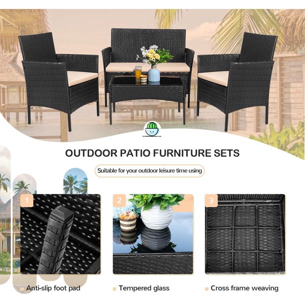 SUGIFT 4 Pieces Patio Porch Furniture Sets PE Rattan Wicker Chairs Beige Cushion with Table Outdoor Garden Patio Furniture Sets (Black)