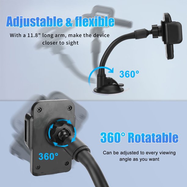 SUGIFT Long Arm Car Phone Holder Car Windshield Dashboard Suction Cup 360 Degree Car Mount Black