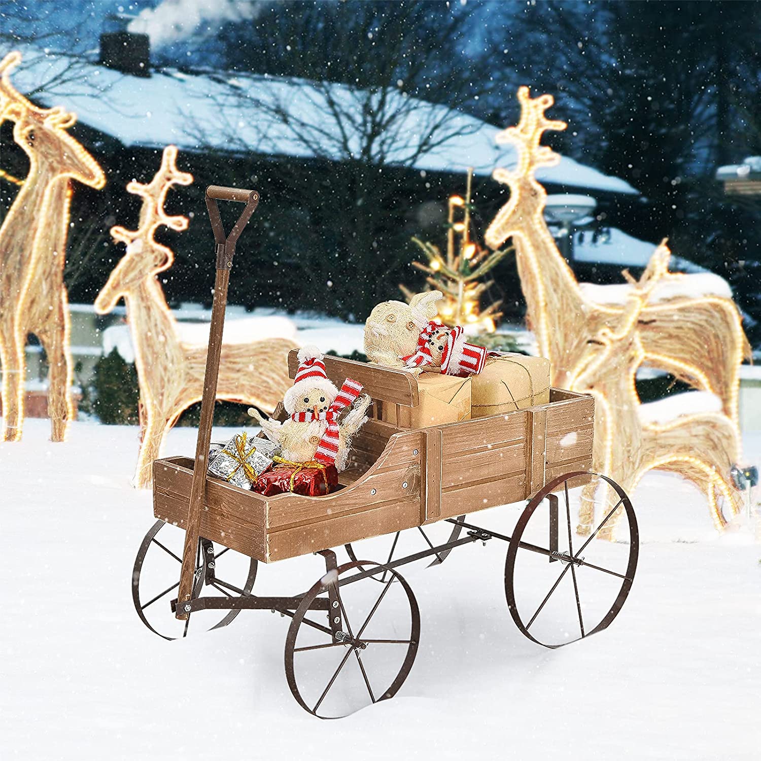 Wooden Wagon Plant Bed in Brown with Metal Wheels