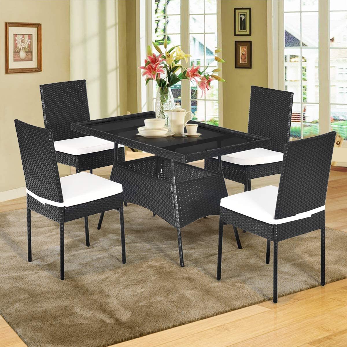 5-Piece Patio Wicker Rattan Outdoor Dining Set with Rectangle Table and White Cushions