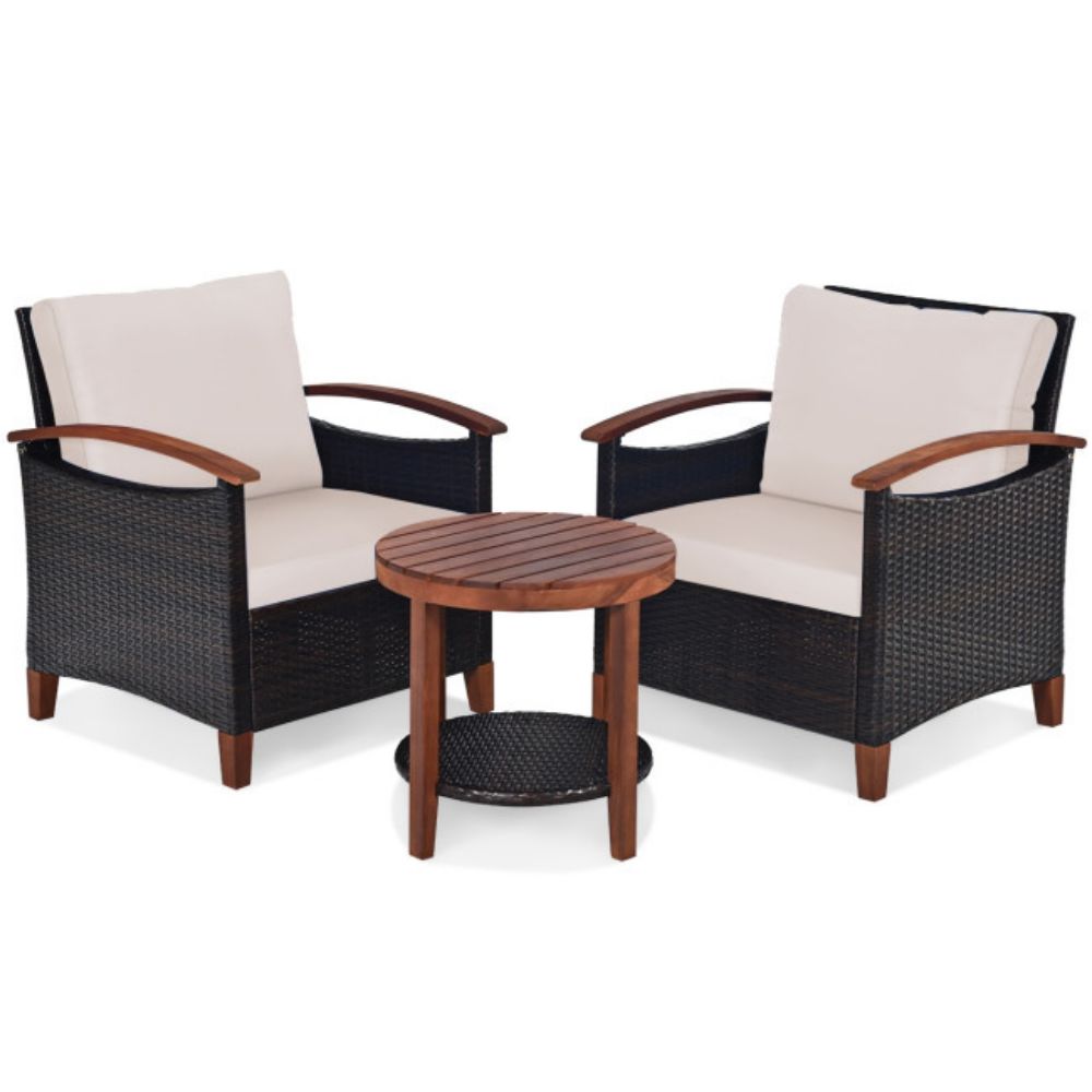 3-Pieces Wicker Outdoor Wooden Frame Patio Conversation Furniture Set with Beige Cushion