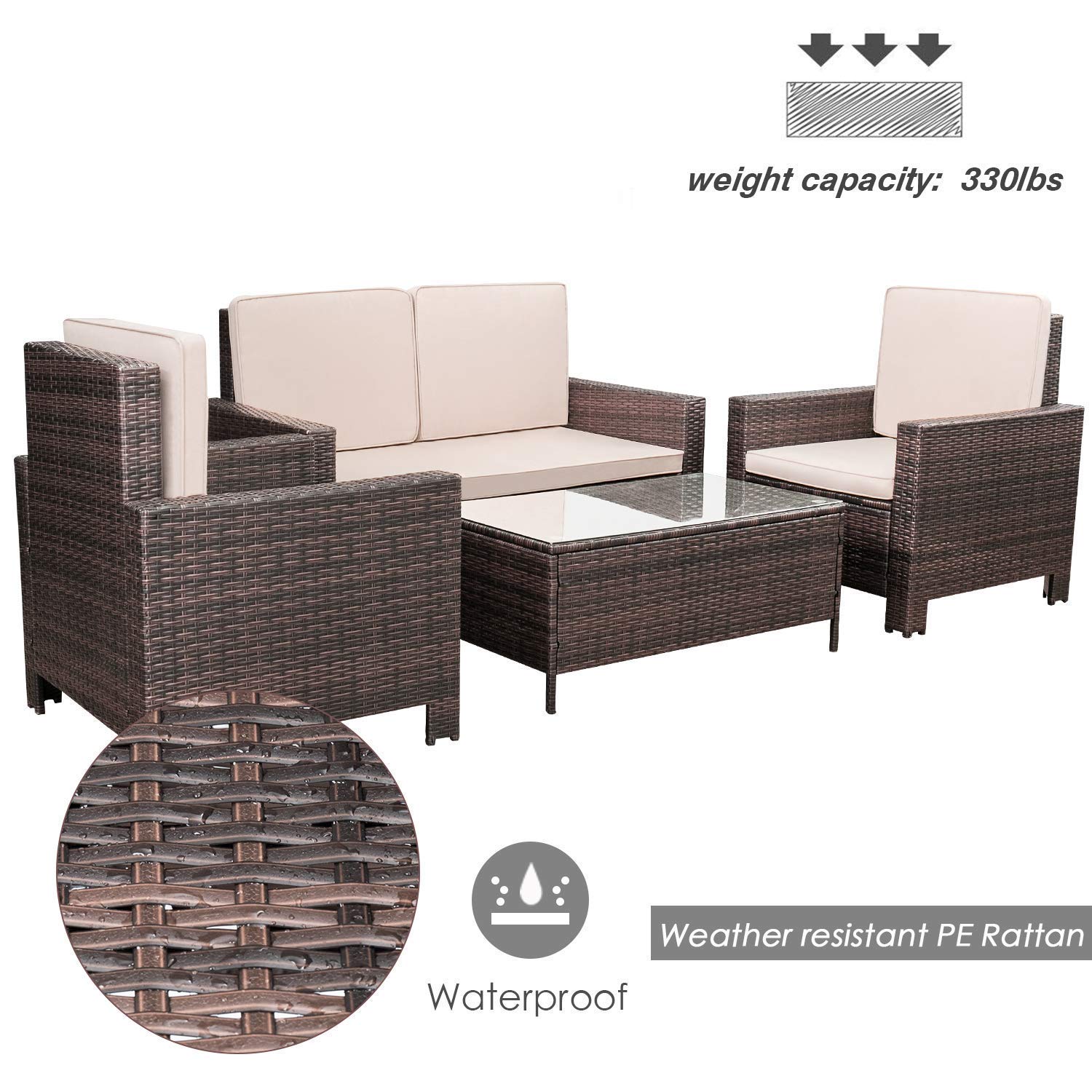 SUGIFT 4 Pieces Outdoor Patio Furniture Sets Rattan Chair Wicker Conversation Sofa Set, Outdoor Indoor Backyard Porch Garden Poolside Balcony Use Furniture, Beige