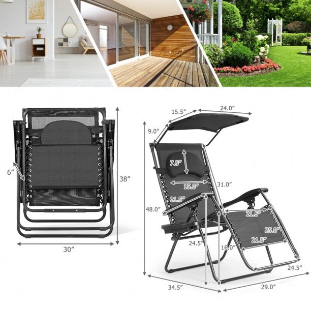 Folding Recliner Lounge Chair with Shade Canopy Cup Holder For Beach Swimming Pool Garden
