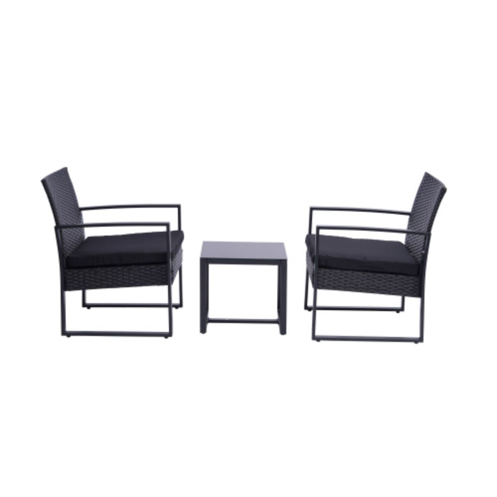 3-Piece Rattan Wicker Outdoor Patio Conversation Set with Black Cushion