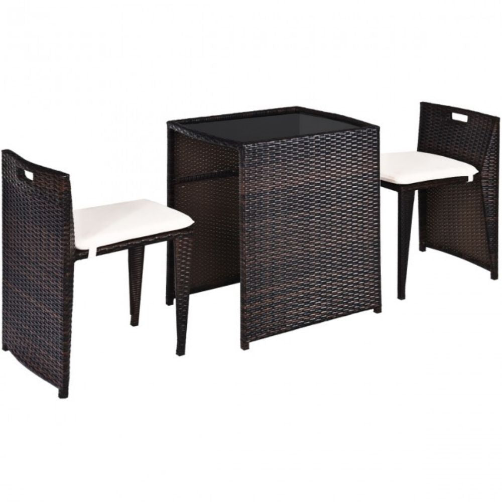 3-Pieces Wicker Patio Outdoor Chair and Table Set with Beige Cushions