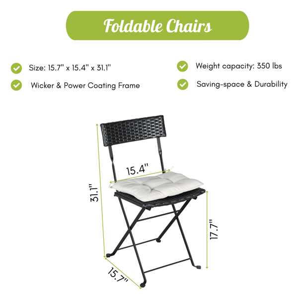 SUGIFT Folding Bistro Set One Table With Two Chairs And Two Beige Cushion Patio Beach Pool Black PE Wicker