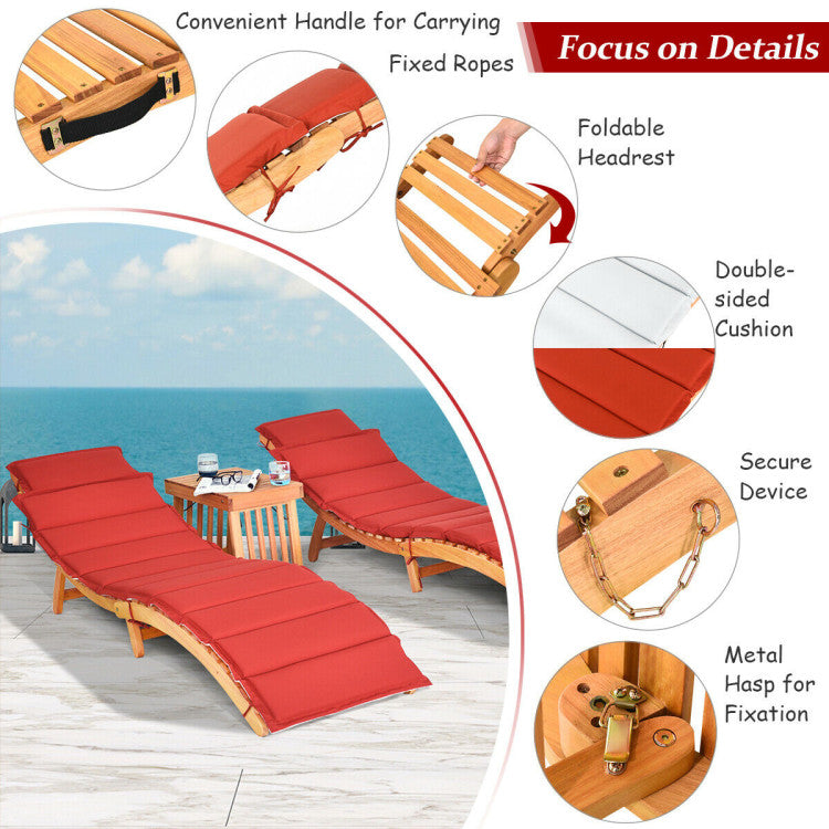 Natural 3-Pieces Wood Folding Outdoor Chaise Lounge Sunlounger Chair with Red/White Cushion