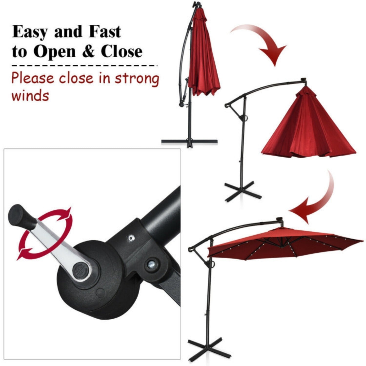 SUGIFT 360¡ãRotation Solar Powered LED Offset Umbrella without Weight Base, Dark Red