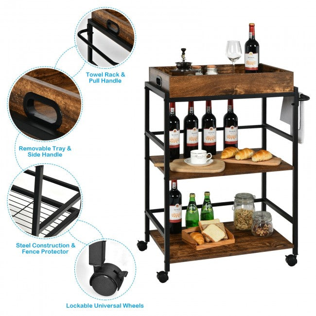 SUGIFT 3-Tier Kitchen Serving Bar Cart with Lockable Casters and Handle Rack for Home Pub
