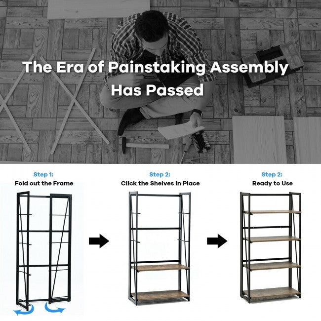 SUGIFT 4-Tier Folding Bookshelf No-Assembly Industrial Bookcase Display Shelves