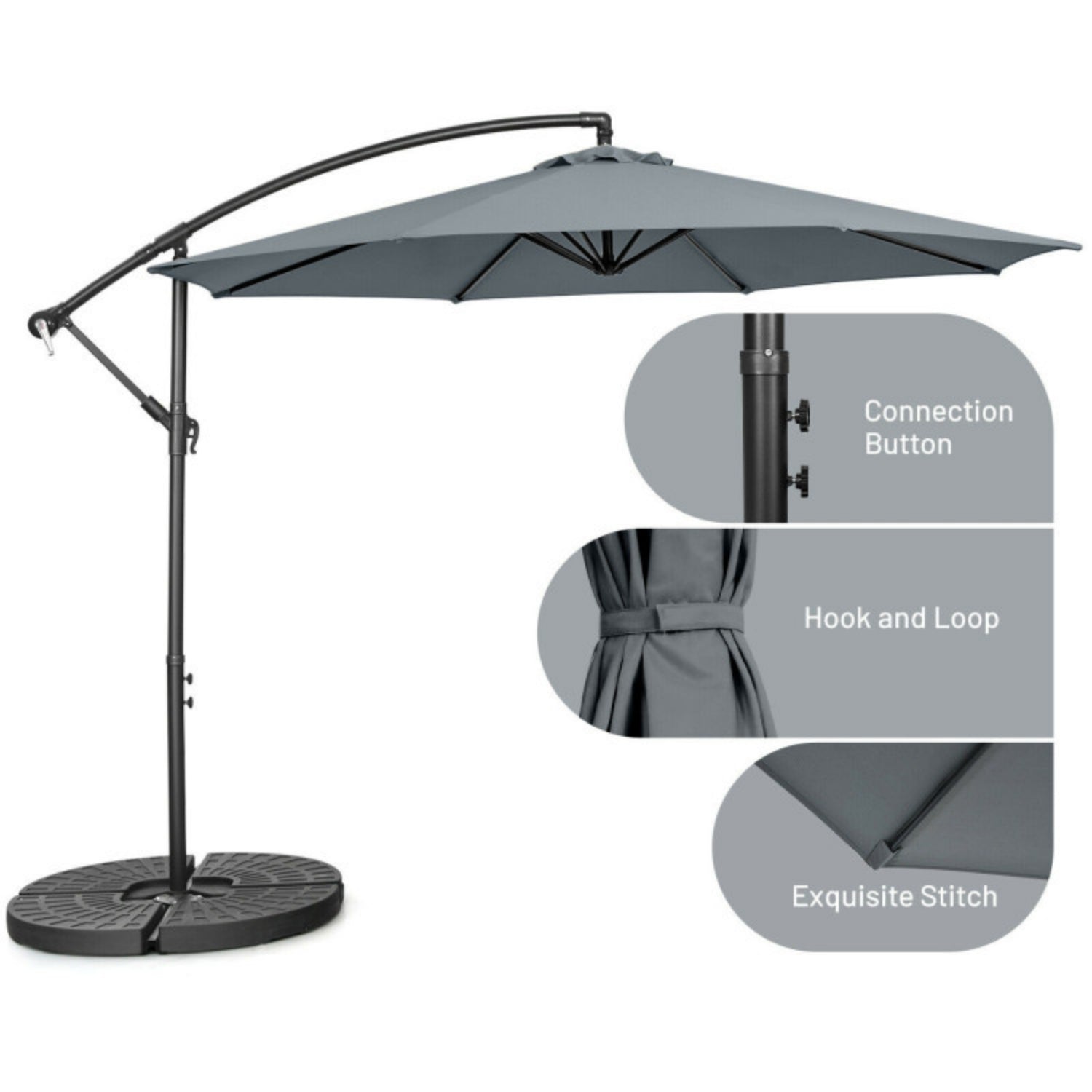 SUGIFT 10 Feet Offset Umbrella with 9 Ribs Cantilever and Cross Base,Gray