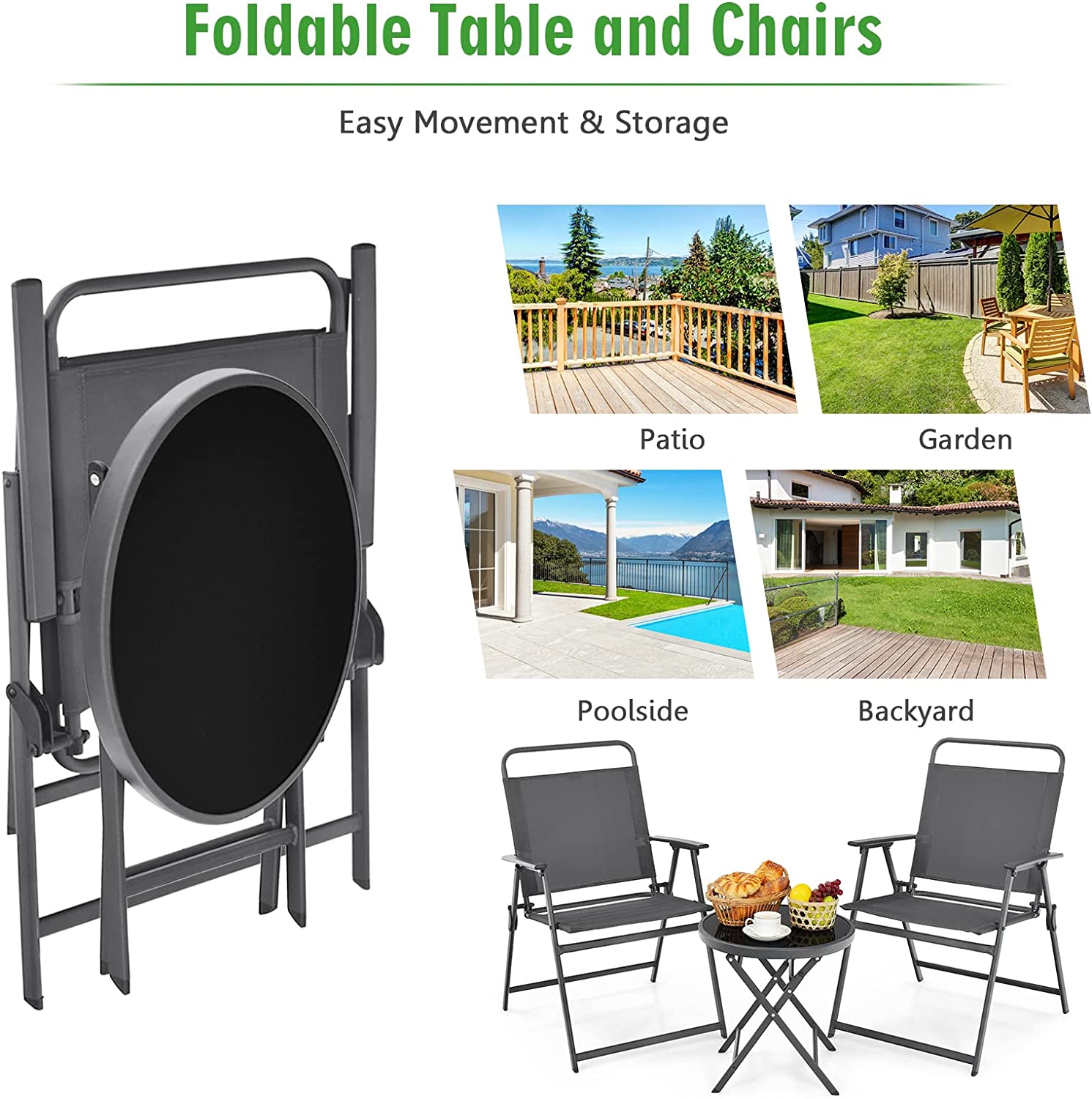 Gray 3-Pieces Metal Patio Outdoor Set with Folding Table and Chairs
