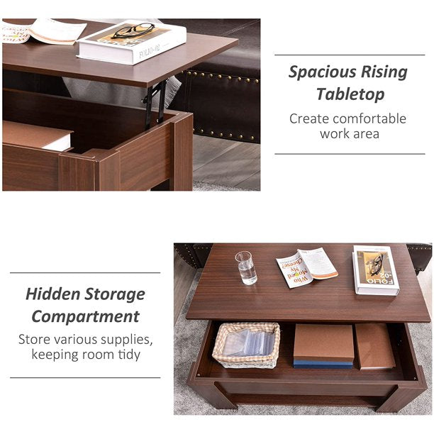 Lift Top Coffee Table with Hidden Storage Compartment and Open Shelf, Pop Up Coffee Table for Living Room, Brown